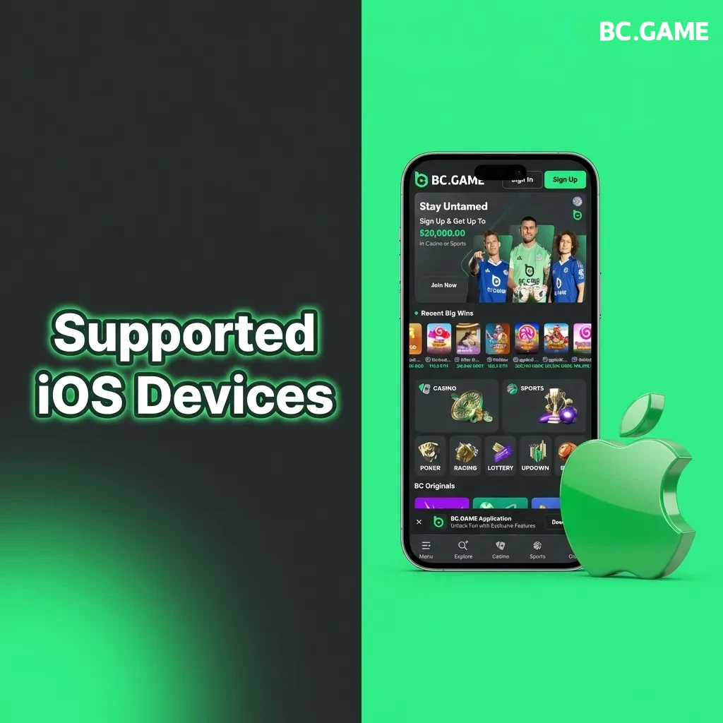 List of compatible Apple devices for BC Game including iPhone models 7 through 14, iPad Pro, iPad Air, and iPad mini